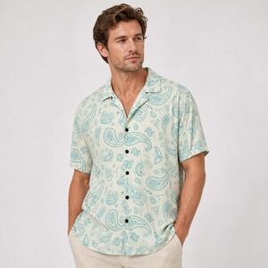 Maison Article Mens Paisley Short Sleeve Button Down Shirt Teal Cream Large